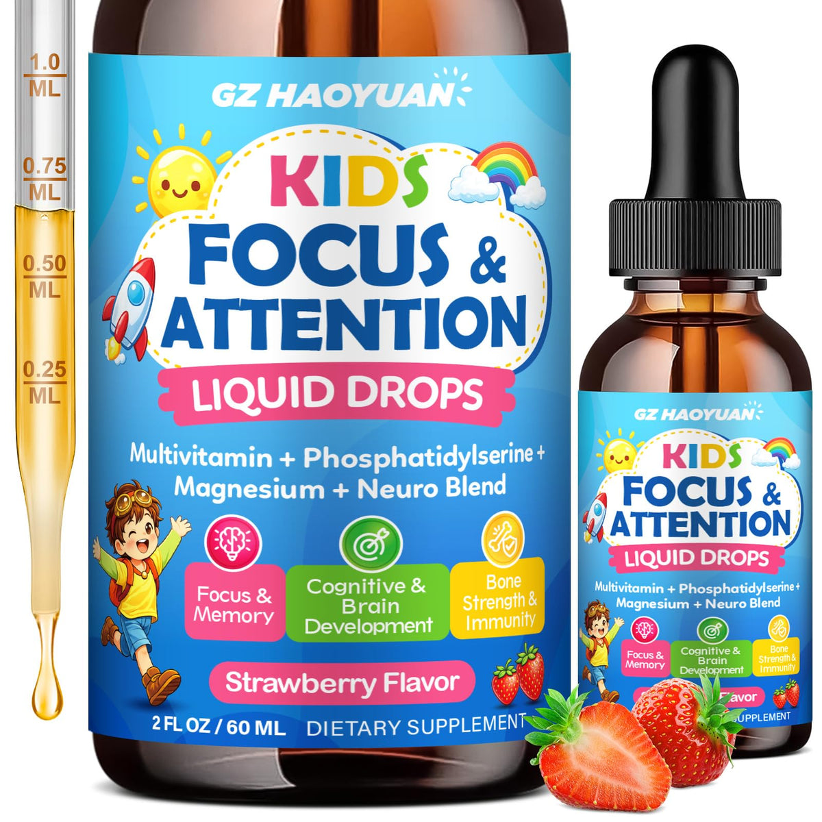 Flacon de 60 ml de compléments alimentaires GZ HAOYUAN pour enfants au goût fraise