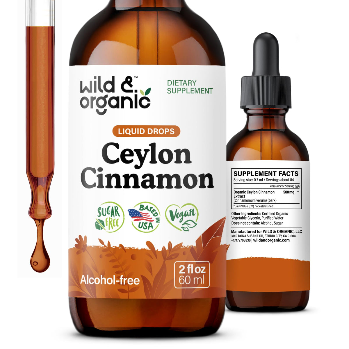 Flacon de 60 ml de compléments alimentaires Wild & Organic Cannelle de Ceylan
