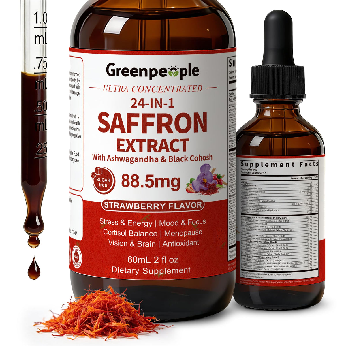 Flacon de 60 ml de compléments GREENPEOPLE au safran, vue avant
