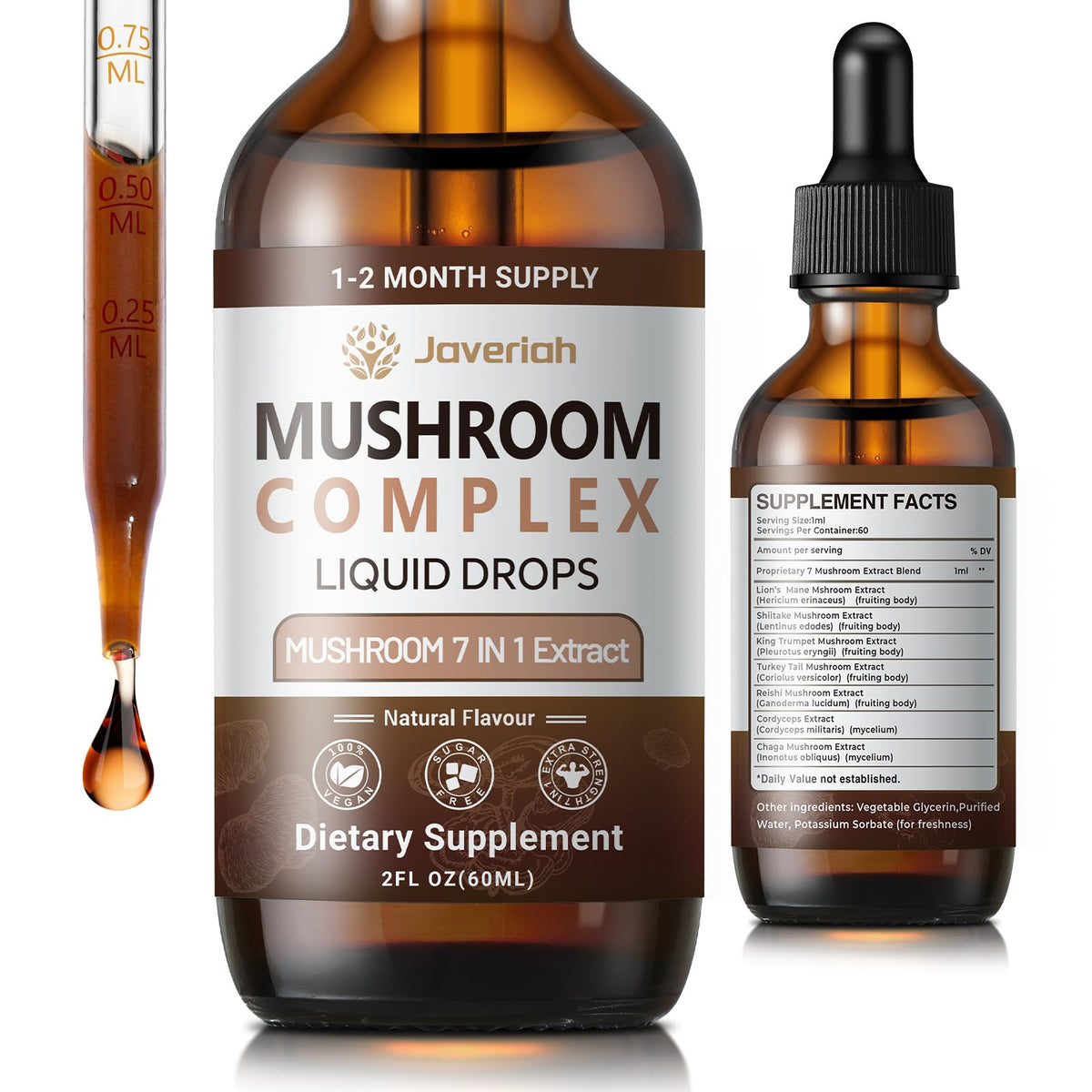 Flacon de 60 ml de complexe de champignons Javeriah avec compte-gouttes