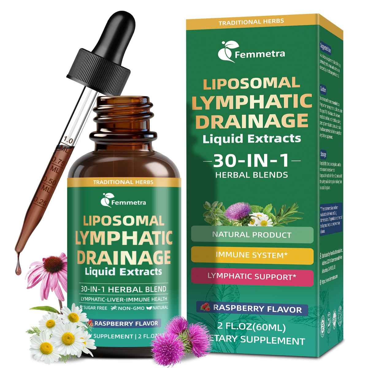 Flacon de 60 mL de Femmetra Compléments Alimentaires Liposomaux Drainage Lymphatique