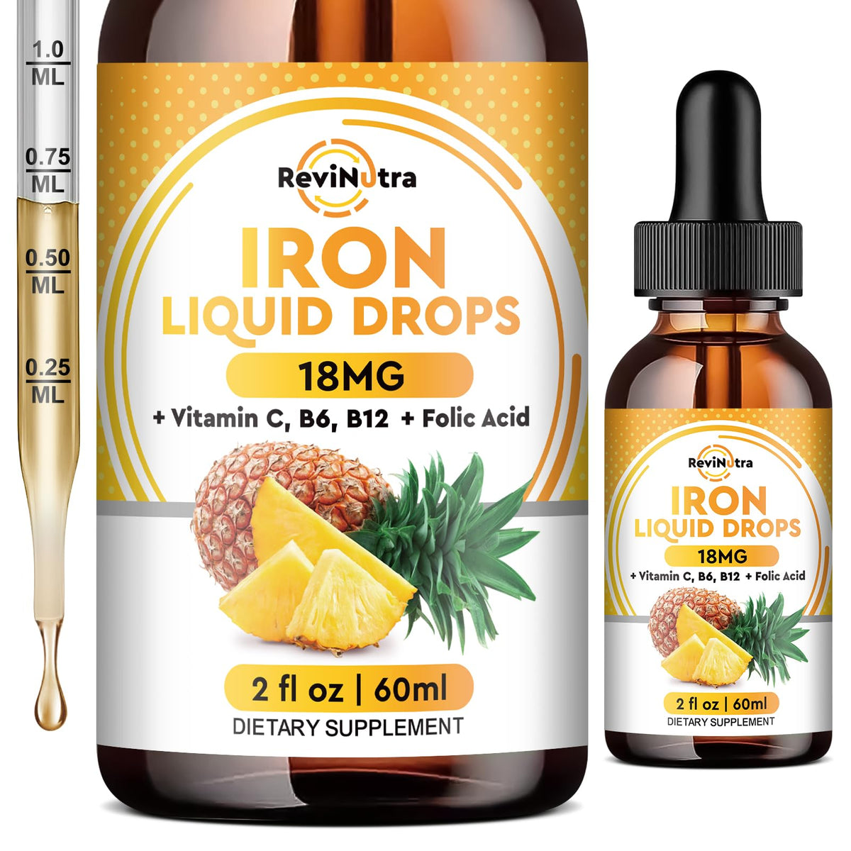 Flacon de 60 ml de fer liquide ReviNutra avec étiquette ananas