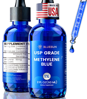 Flacon de 60 ml de gouttes de bleu de méthylène Bluesun en verre ambré