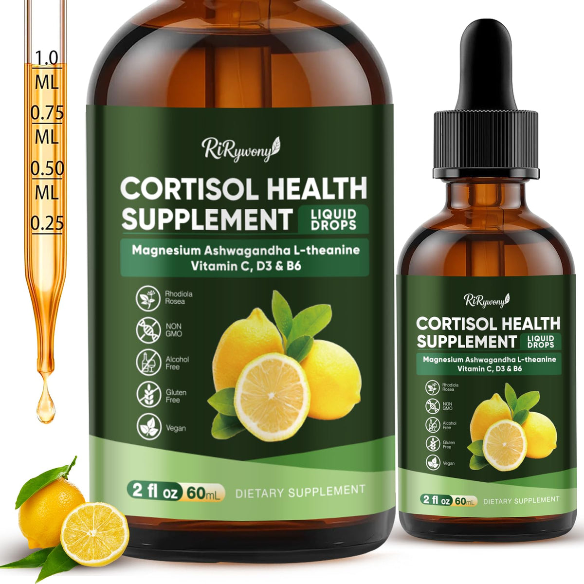 Flacon de 60 ml de gouttes de cortisol RiRywony avec étiquette