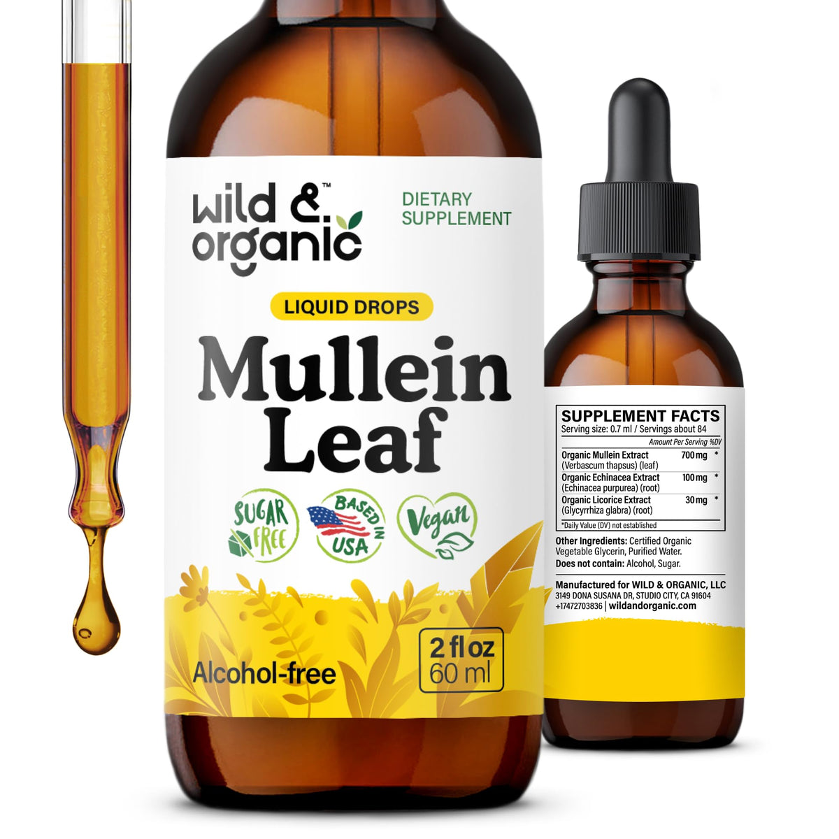 Flacon de 60 ml de gouttes de mullein Wild & Organic avec étiquette