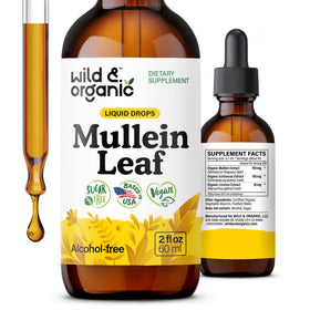Flacon de 60 ml de gouttes de mullein Wild & Organic avec étiquette