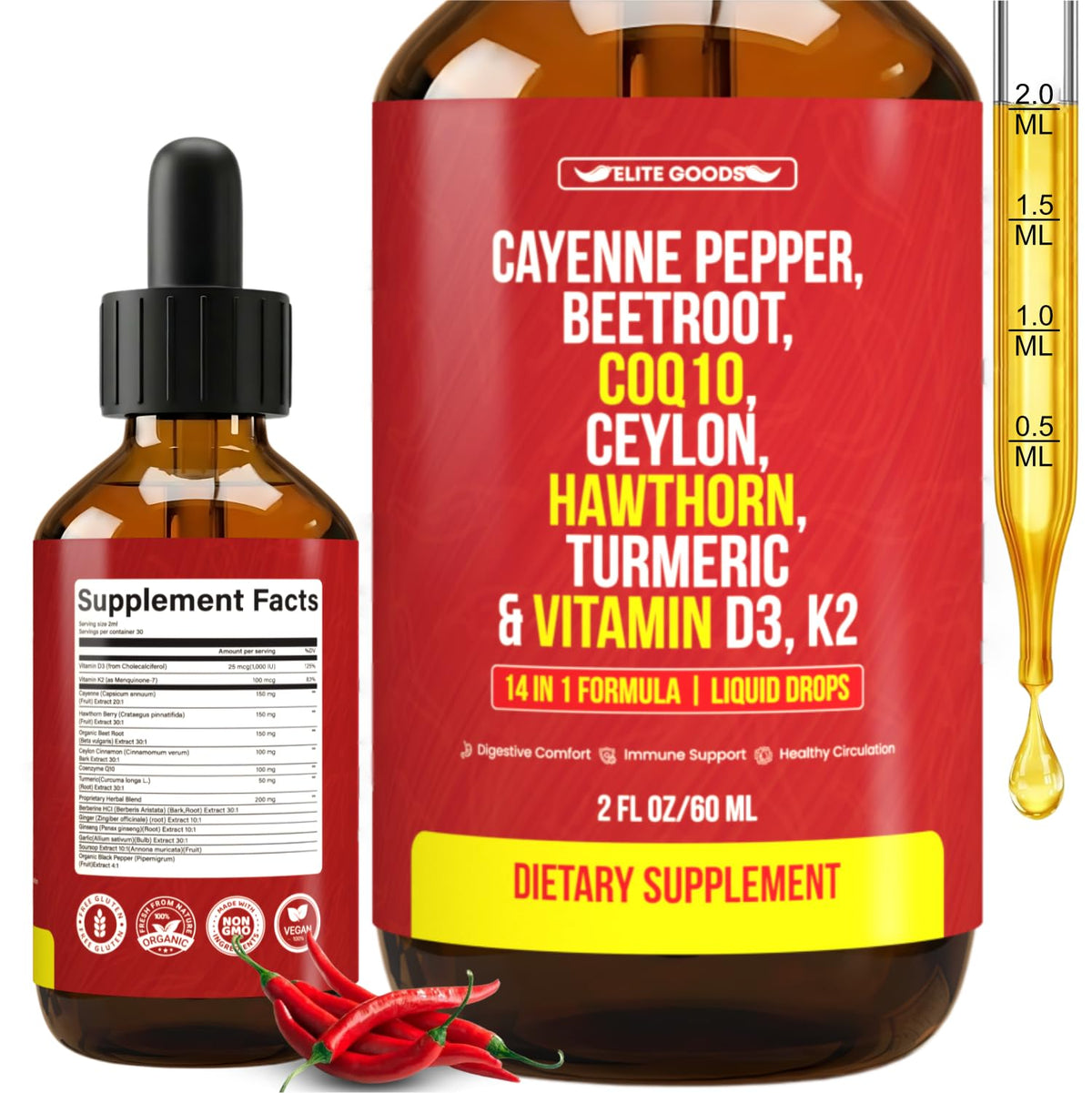 Flacon de 60 ml de gouttes de piment de cayenne Elite Goods