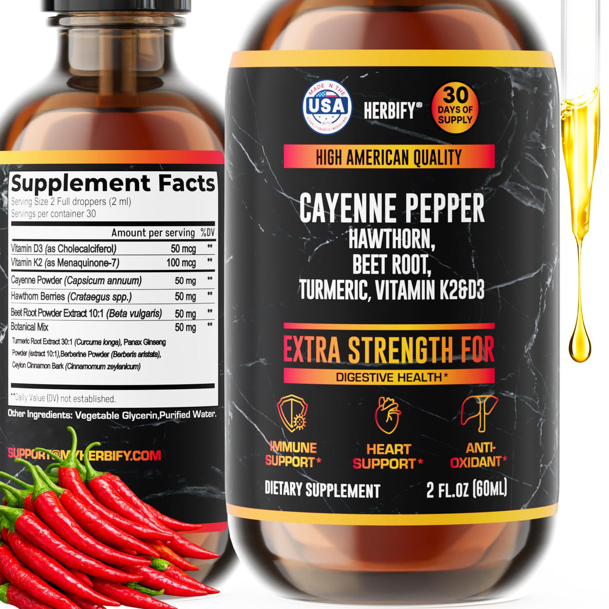 Flacon de 60 ml de gouttes de poivre de cayenne HERBIFY
