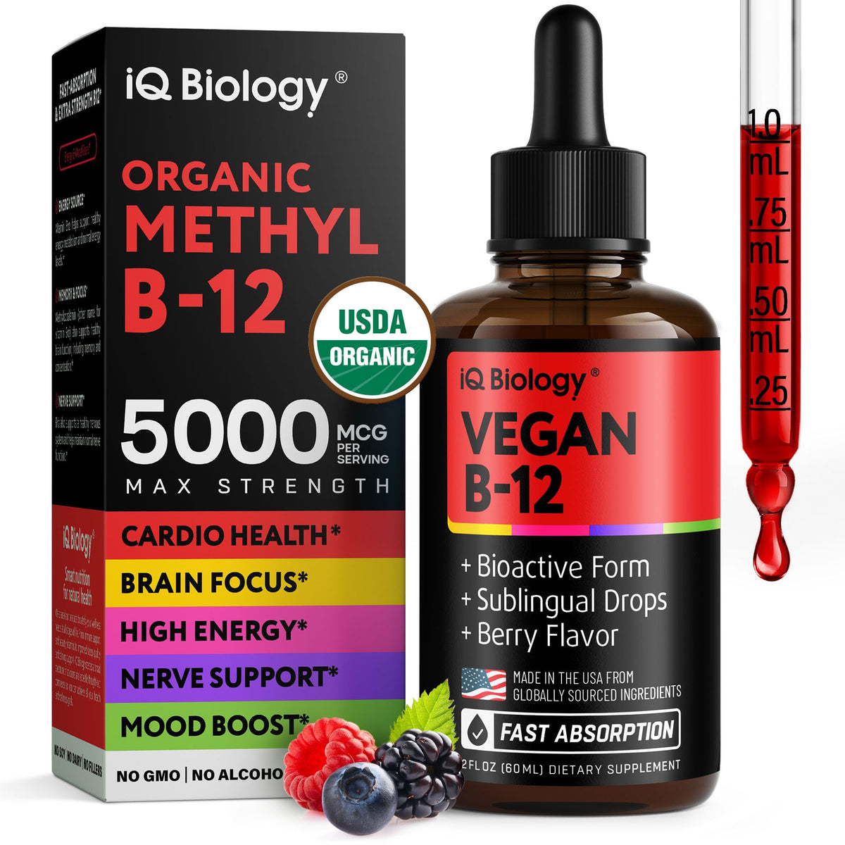 Flacon de 60 ml de gouttes de vitamine B12 liquide IQ BIOLOGY
