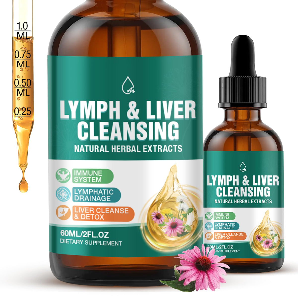 Flacon de 60 ml de gouttes liposomales MaxHemp pour drainage lymphatique