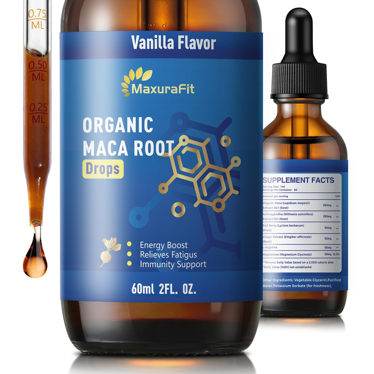 Flacon de 60 ml de gouttes liquides de Maca et Ashwagandha MaxuraFit