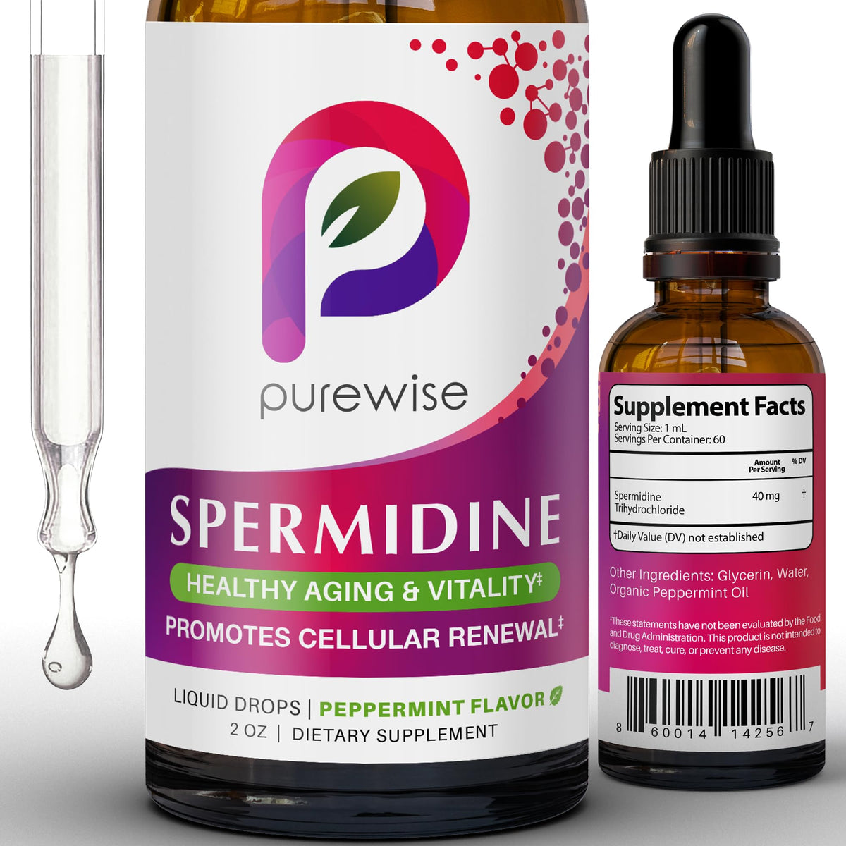 Flacon de 60 ml de gouttes liquides de spermidine PureWise, menthe bio