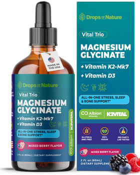 Flacon de 60 mL de magnésium glycinate Drops Of Nature avec étiquette colorée