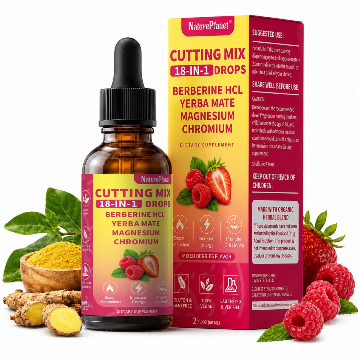 Flacon de 60 ml de NaturePlanet Mélange 18 en 1 avec compte-gouttes