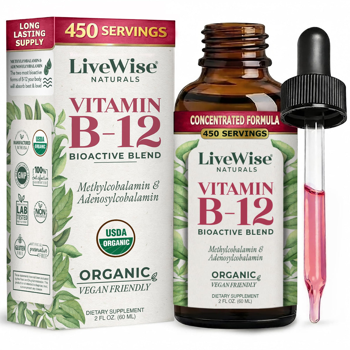 Flacon de 60 ml de vitamine B12 liquide Live Wise Naturals