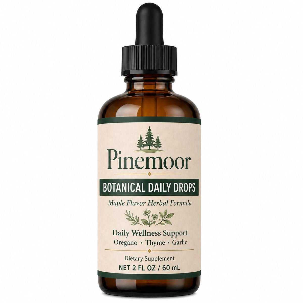 Flacon de 60 mL des gouttes Pinemoor ZRNTVO avec étiquette visible