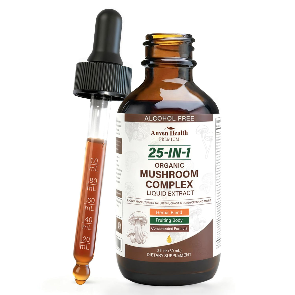 Flacon de 60 ml du complexe de champignons 25-en-1 d'Anven Health