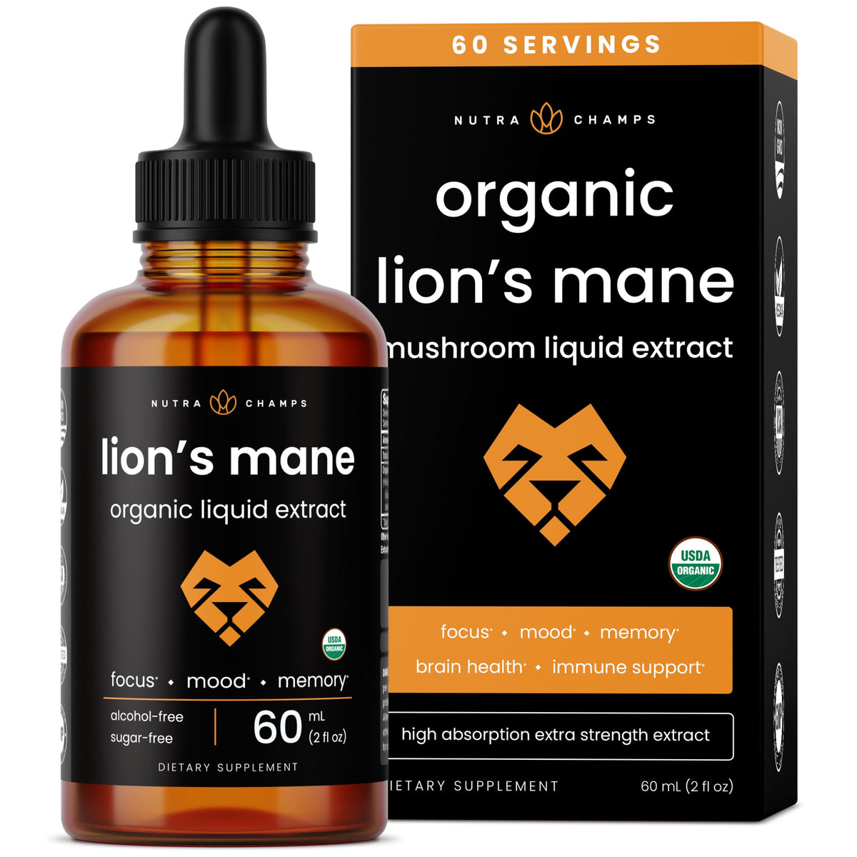 Flacon de 60ml d'extrait de champignon Lion’s Mane de NutraChamps