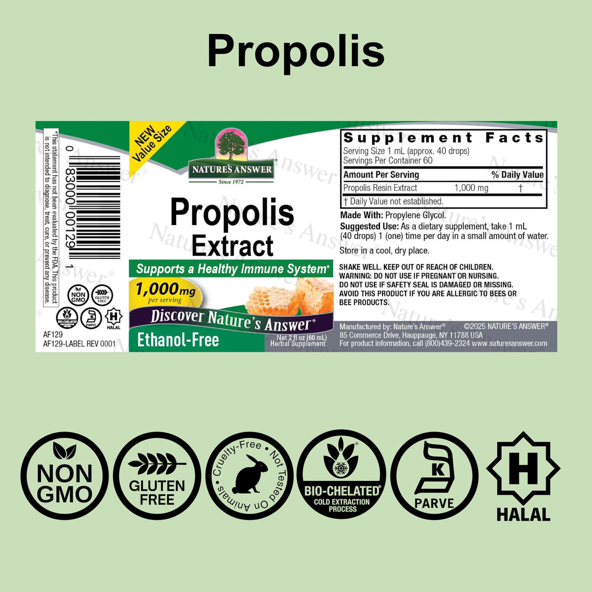 Flacon de 60ml d'extrait de résine de propolis Nature's Answer avec compte-gouttes