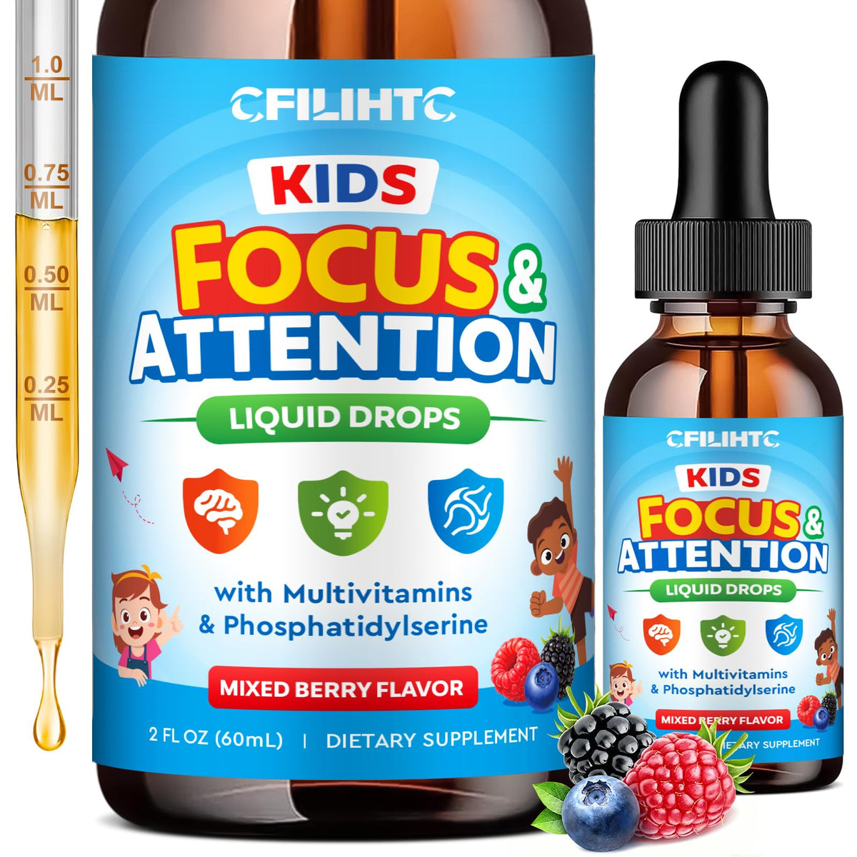 Flacon de 60ml de complément alimentaire CFILIHTC pour enfants avec étiquette