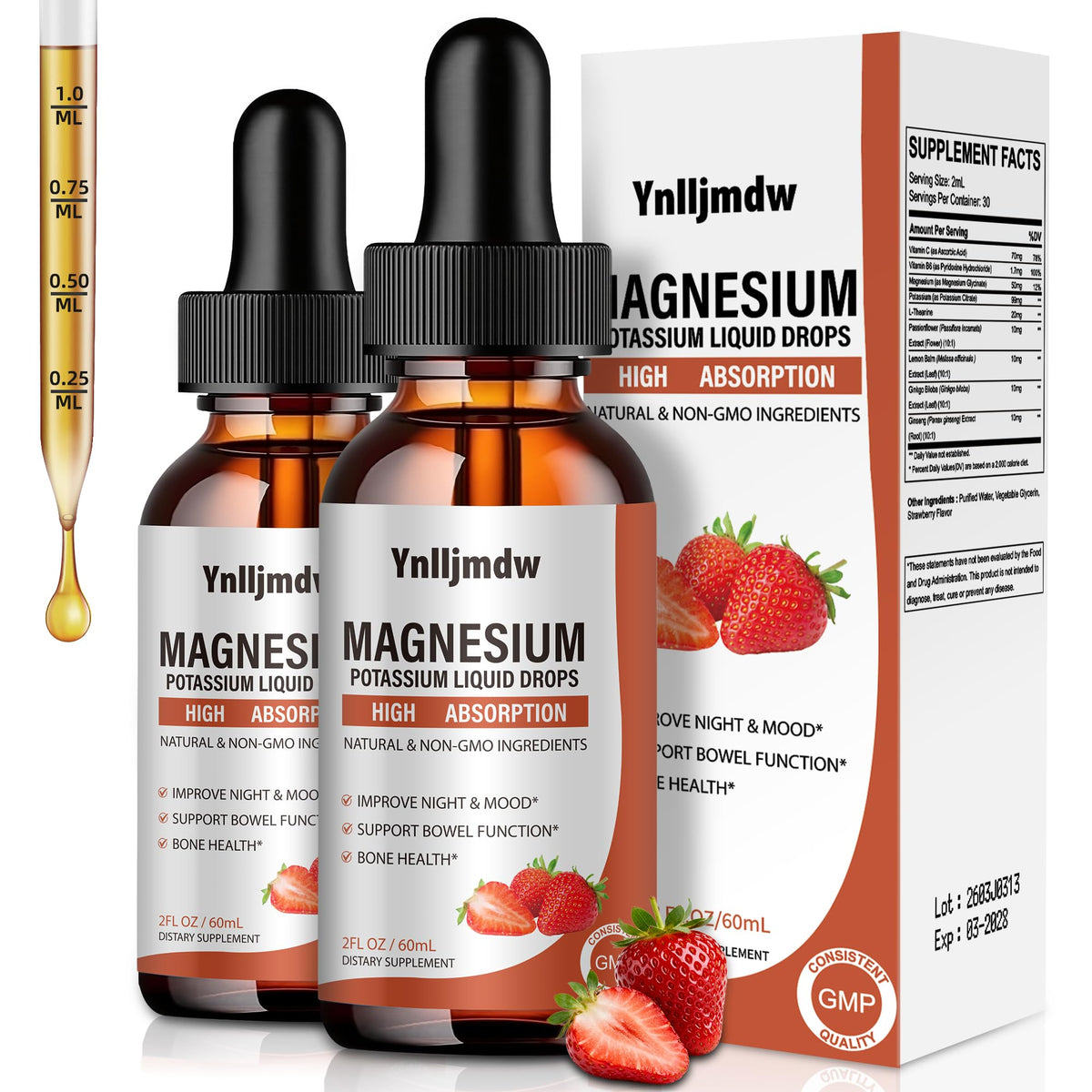 Flacon de 60ml de complément alimentaire Potassium Magnésium avec étiquette