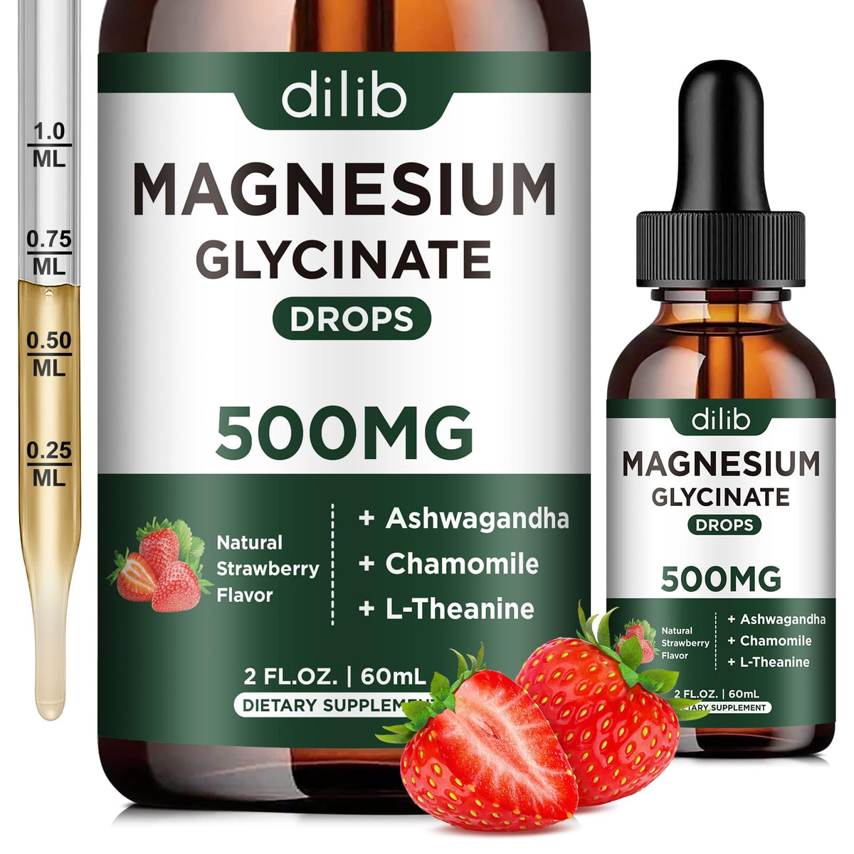Flacon de 60ml de dilib Magnésium Glycinate avec étiquette en fraise