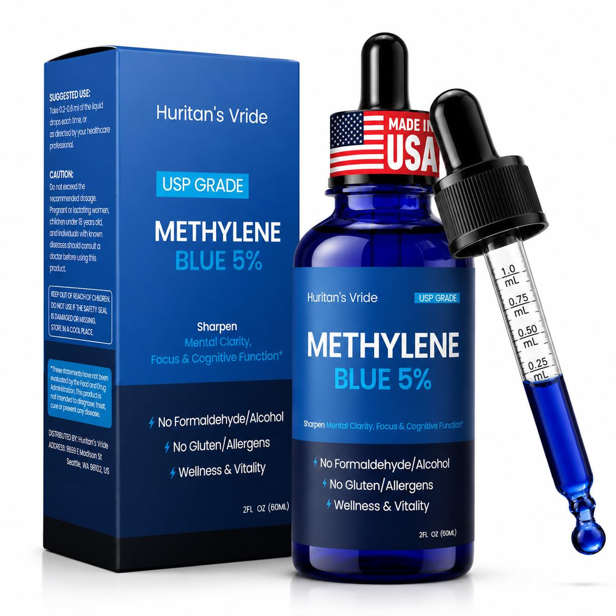 Flacon de 60mL de gouttes de bleu de méthylène Huritan's Vride, vue de face.