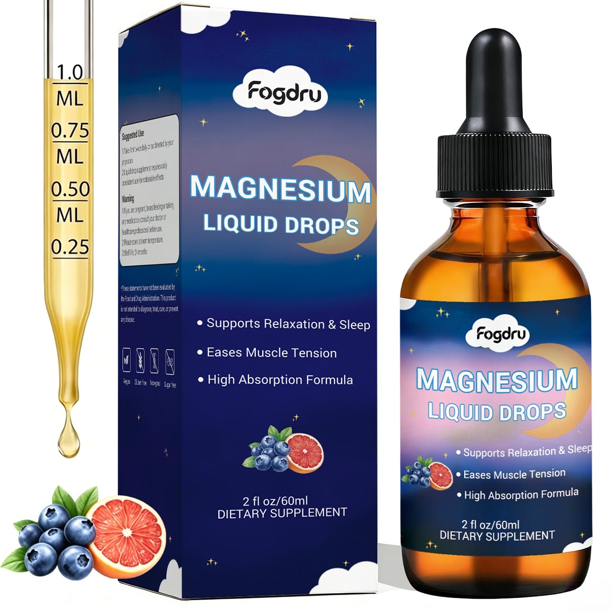 Flacon de 60ml de gouttes de magnésium glycinate Fogdru vue de face