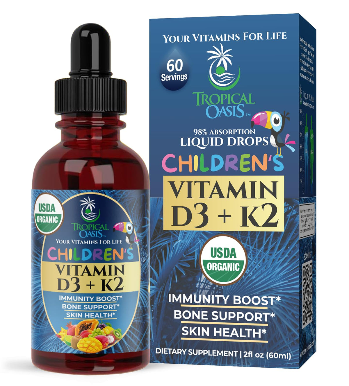 Flacon de 60ml de gouttes liquides bio de vitamine D3 K2 Tropical Oasis