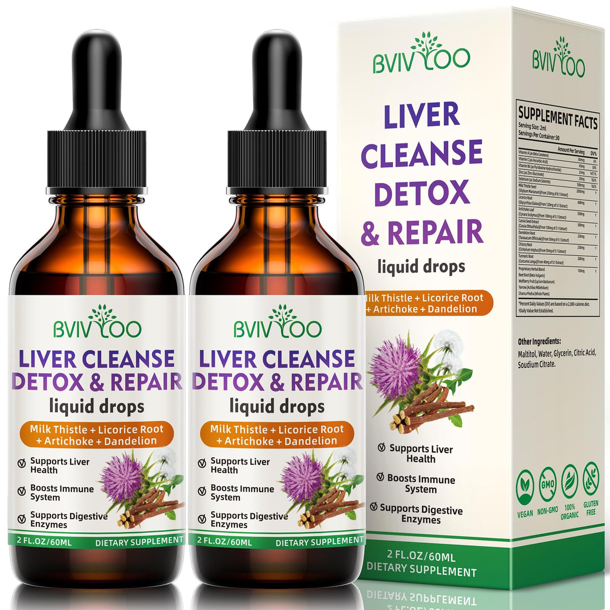 Flacon de 60ml de gouttes liquides BVIVLOO avec étiquette sur le devant