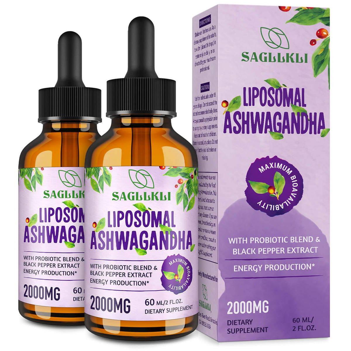 Flacon de 60ml de gouttes liquides d'Ashwagandha liposomales Sagllkli