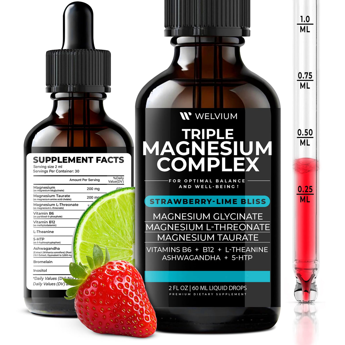 Flacon de 60ml de gouttes liquides de complexe de magnésium triple WELVIUM