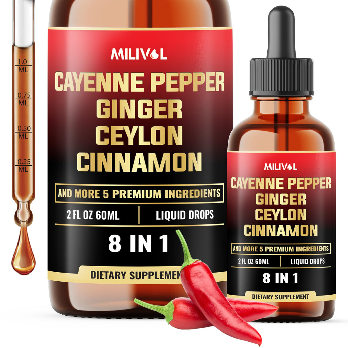 Flacon de 60ml de gouttes liquides de piment de cayenne MILIVOL
