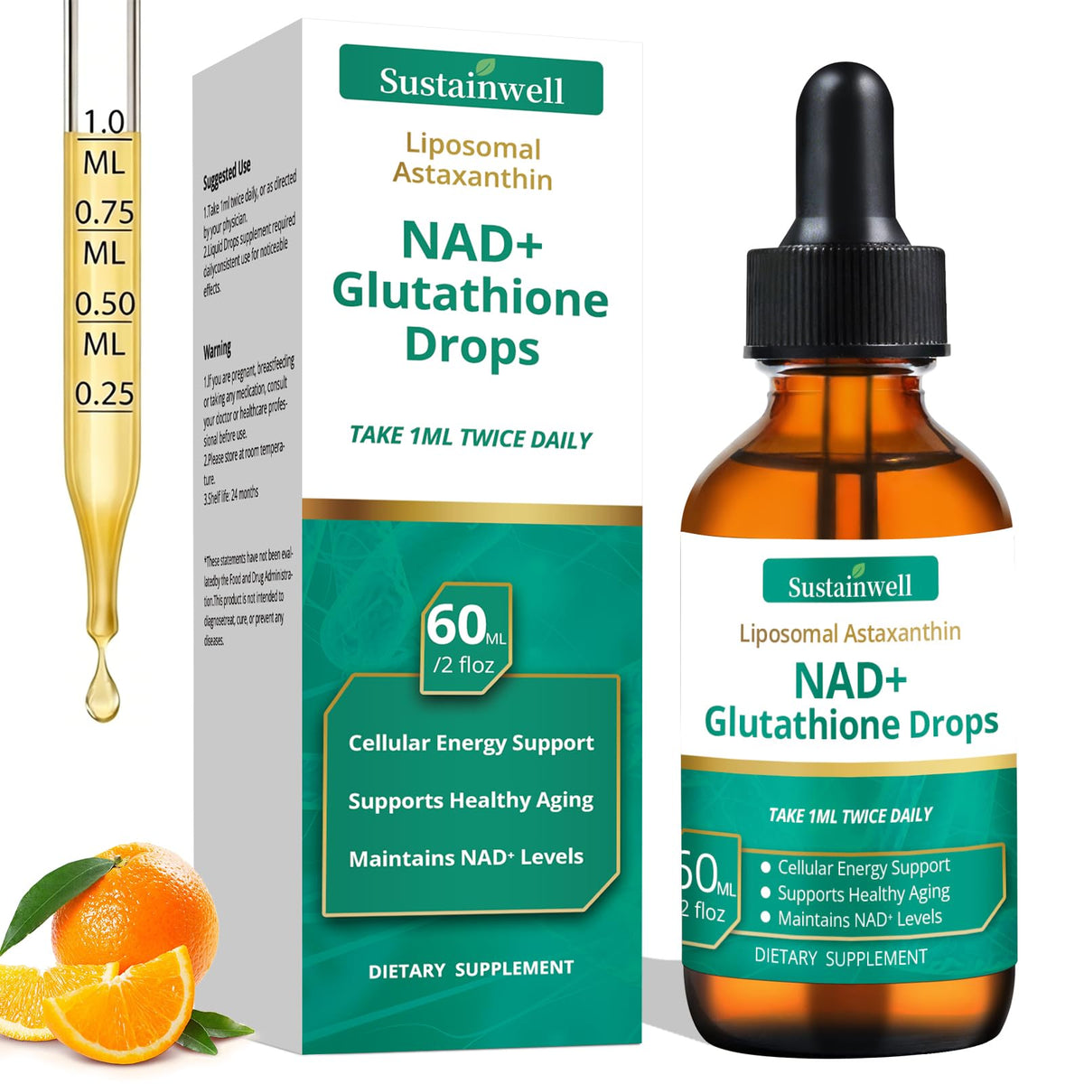 Flacon de 60ml de gouttes liquides SustainWell NAD+ Glutathione avec Astaxanthine