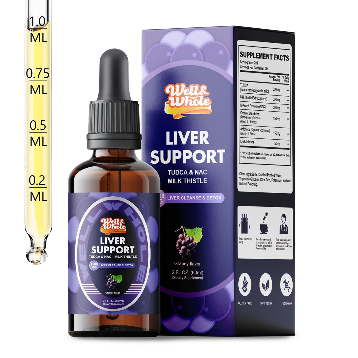 Flacon de 60mL de gouttes liquides TUDCA Well&Whole avec étiquette visible