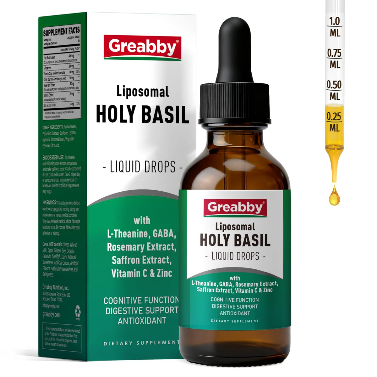Flacon de 60ml de GREABBY Basilic Sacré avec étiquette visible