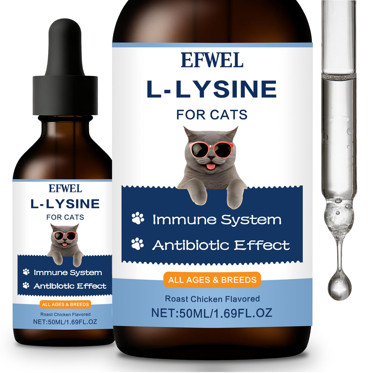 Flacon de 60ML de L-Lysine EFWEL pour chats, saveur poulet rôti