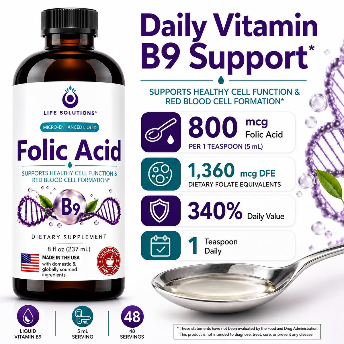 Flacon de 8oz de Vitamine B9 Acide Folique Life Solutions