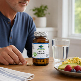 Flacon de 90 capsules d'ail bio Pure Mountain Botanicals sur une surface en bois