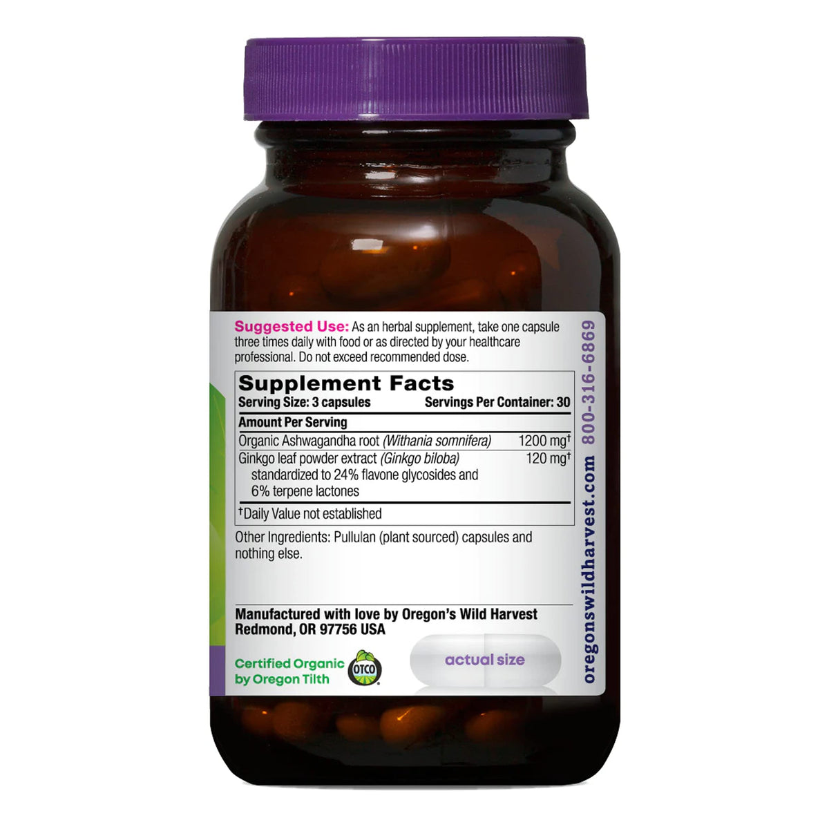 Flacon de 90 capsules d'Ashwagandha Ginkgo sur fond blanc