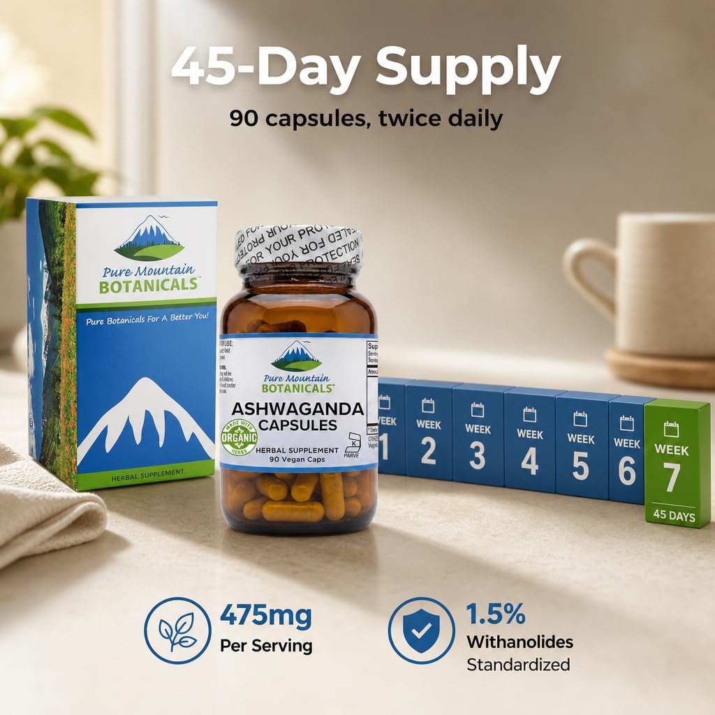 Flacon de 90 capsules d'ashwagandha Pure Mountain Botanicals