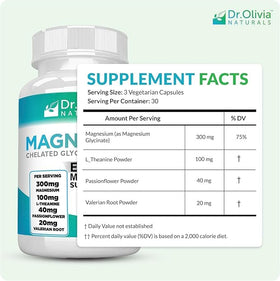 Flacon de 90 capsules de Glycinate de Magnésium Dr. Olivia Naturals, vue de côté