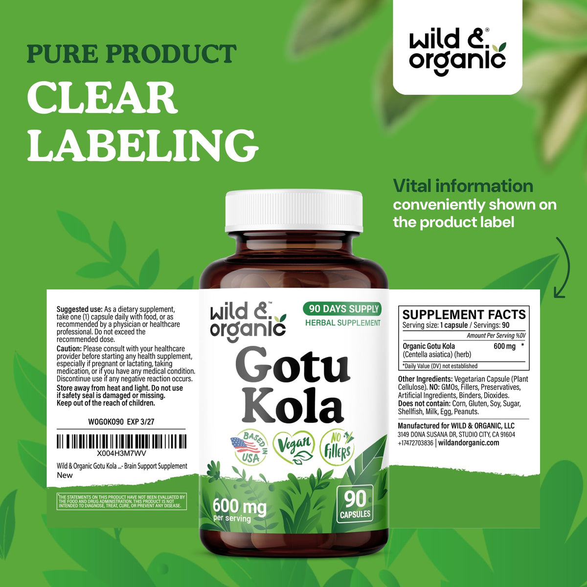 Flacon de 90 capsules de Gotu Kola Wild & Organic sur table