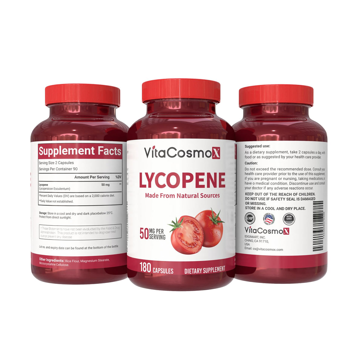 Flacon de 90 capsules de Lycopène VitaCosmoX sur fond blanc