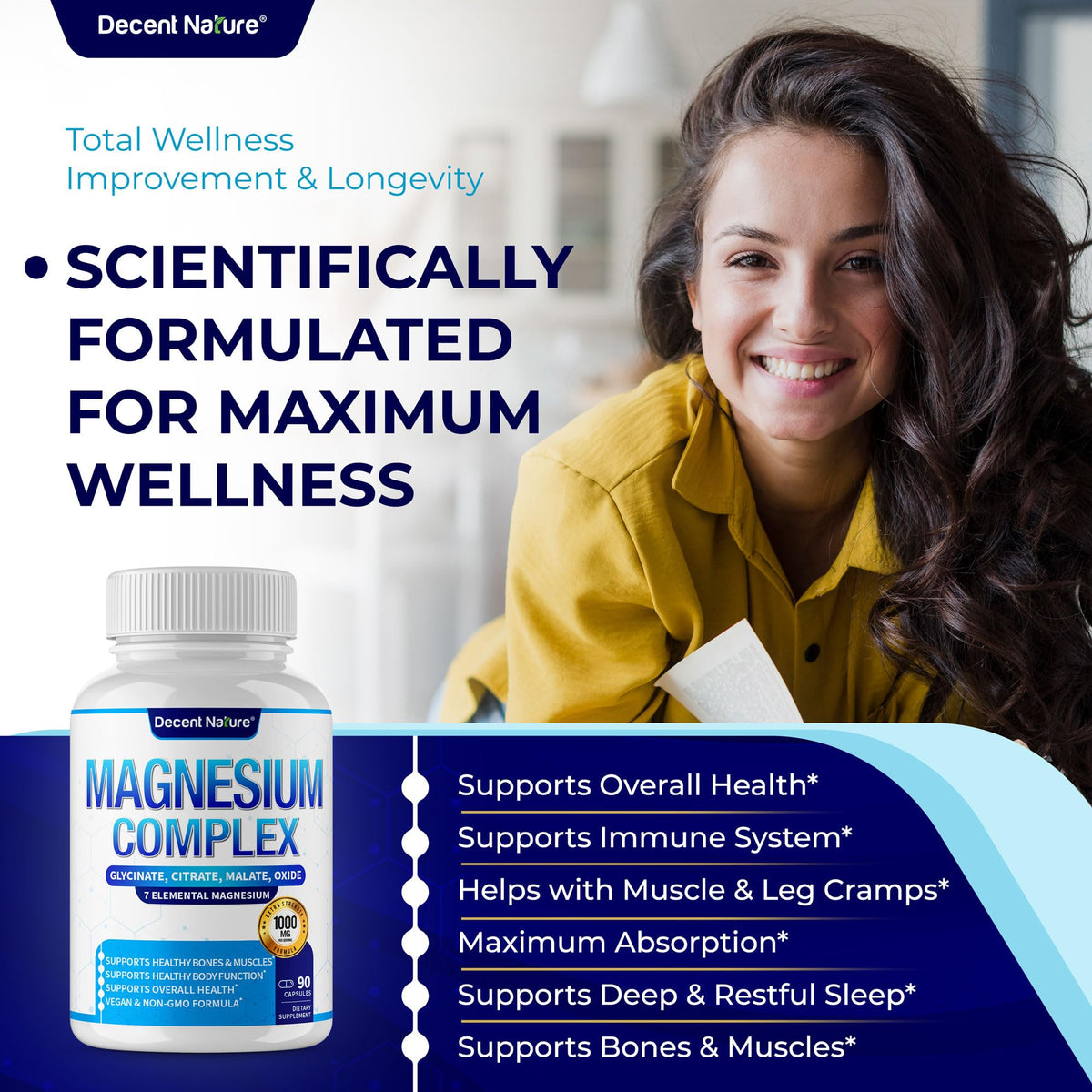 Flacon de 90 capsules de Magnésium DECENT NATURE, étiquette visible