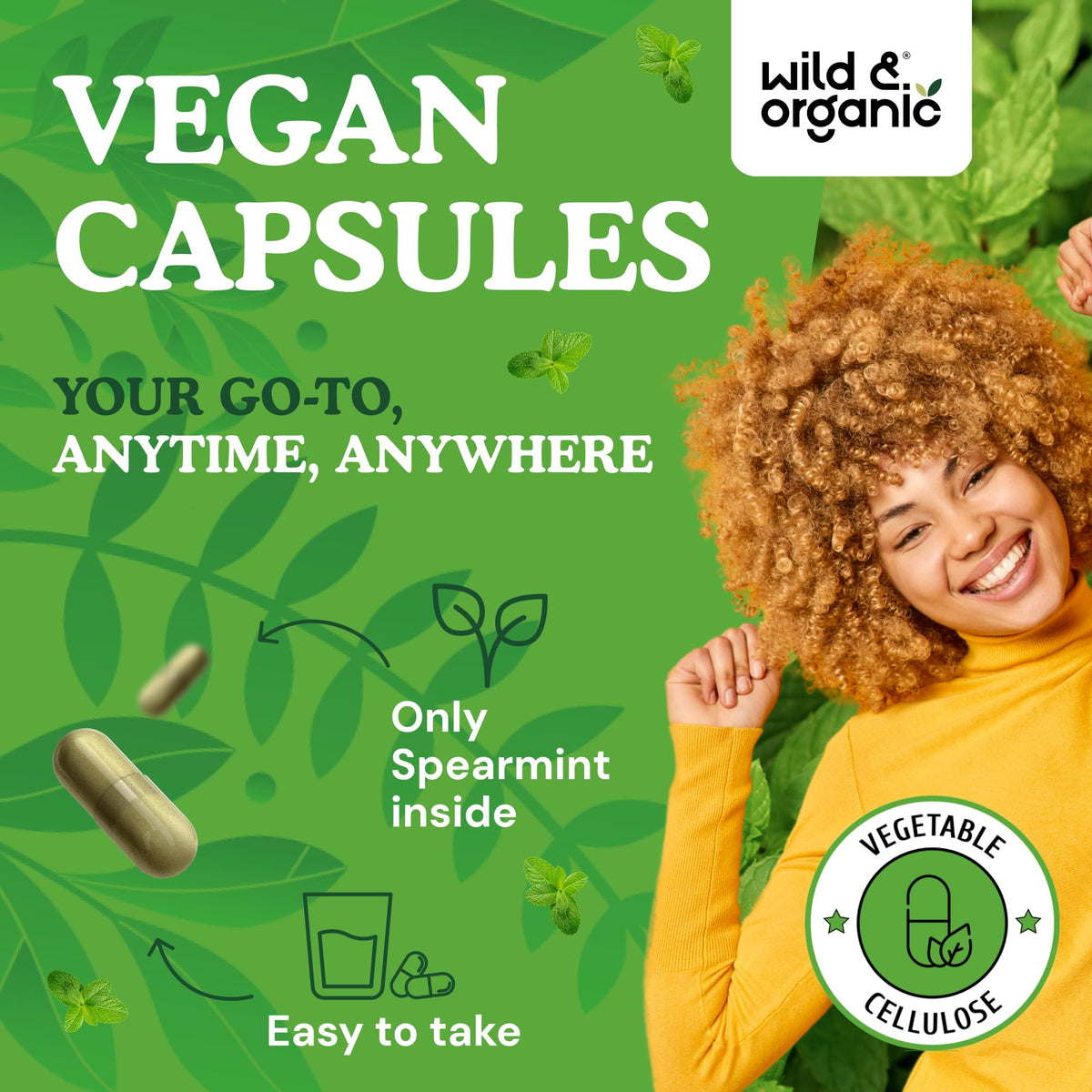 Flacon de 90 capsules de menthe verte Wild & Organic, ouvert