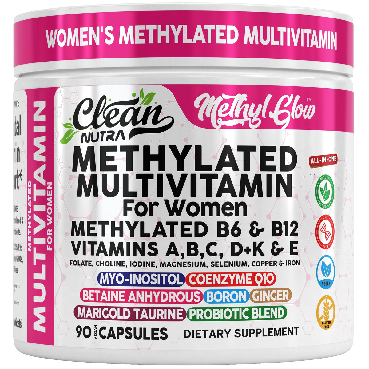 Flacon de 90 capsules de multivitamines methylées Clean Nutraceuticals pour femmes