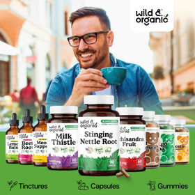 Flacon de 90 capsules de racine d'ortie Wild & Organic sur une table