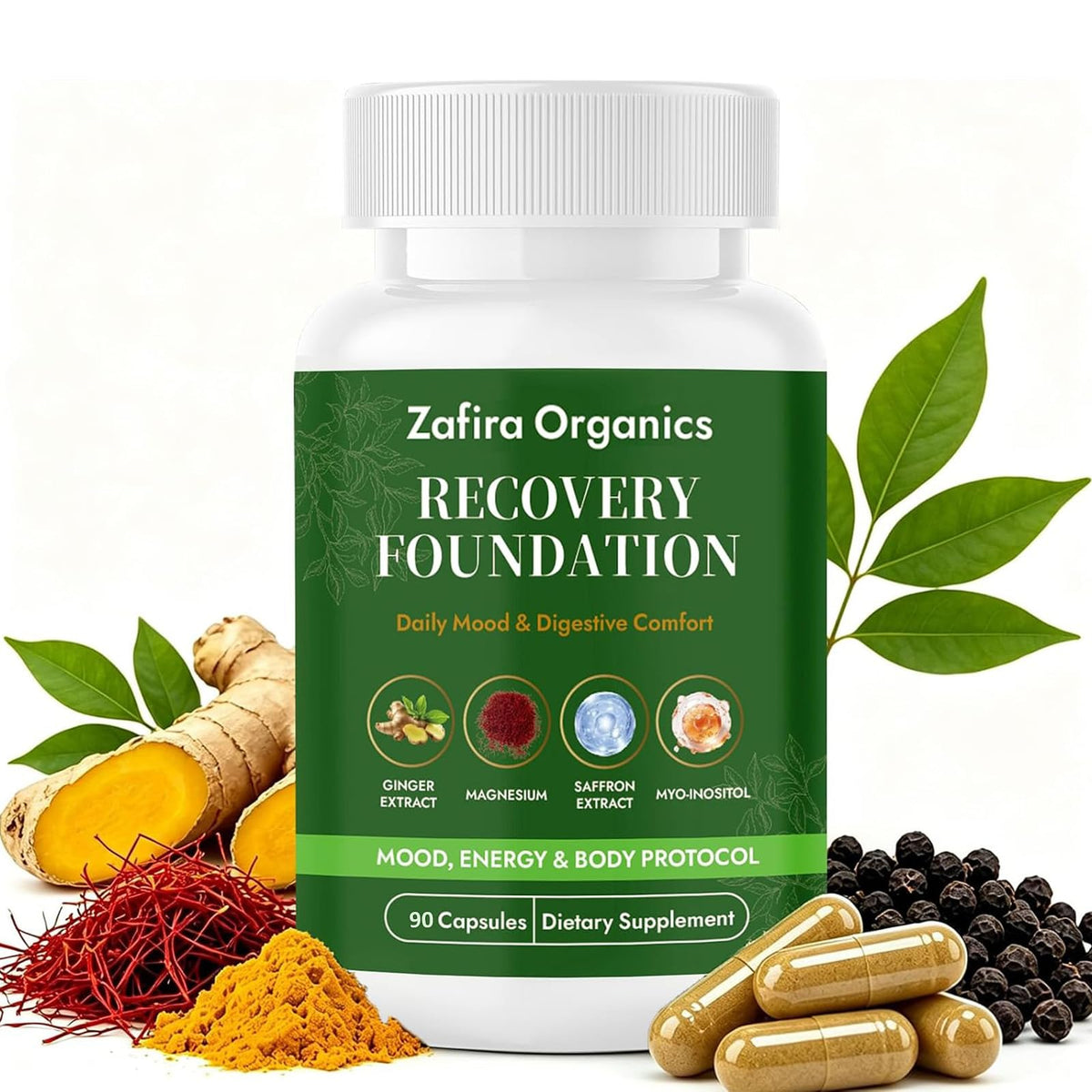 Flacon de 90 capsules de Safran Zafira Organics, vue de face