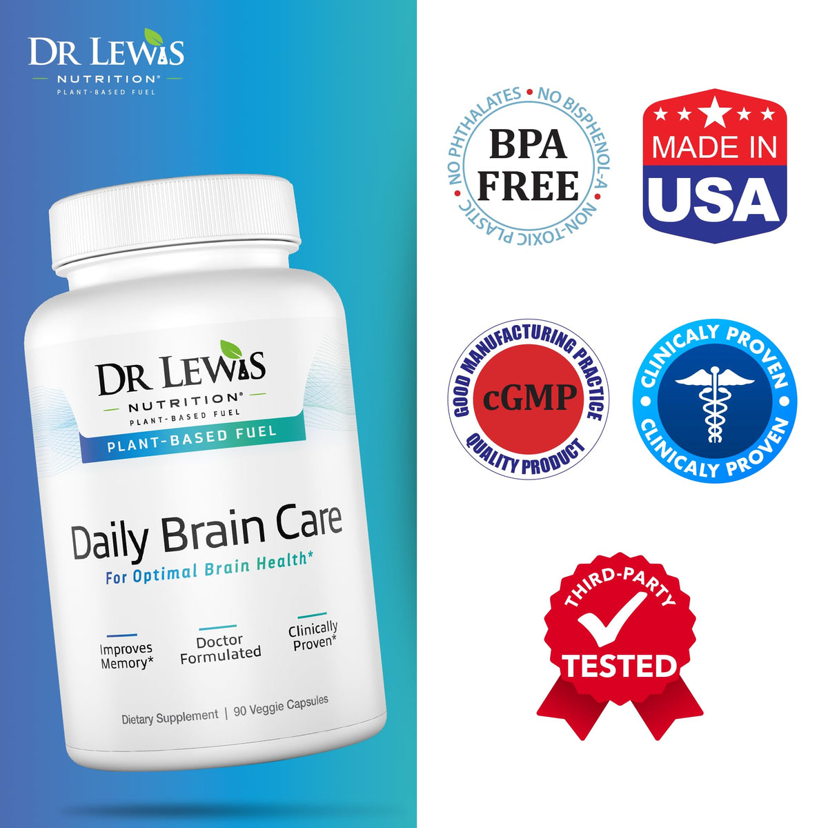 Flacon de 90 capsules Dr Lewis Nutrition, étiquette visible